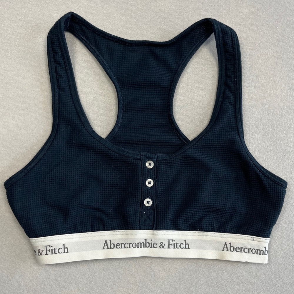 Abercrombie & Fitch Waffle Knit Henley Bralette Navy Blue XS Racerback Logo